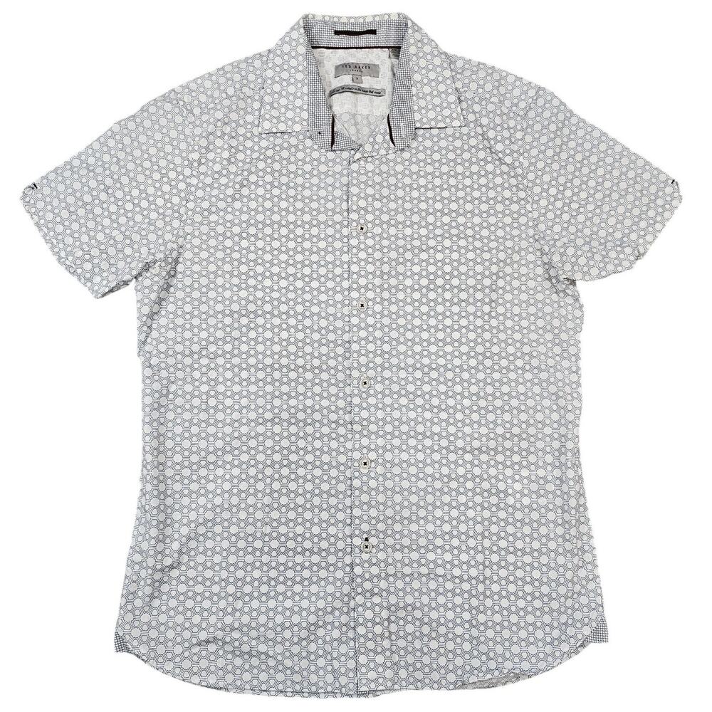 TED BAKER LONDON MEN’S SHORT SLEEVE GEO PRINT SHIRT SIZE 3 (MEDIUM) CREAM/BLACK
